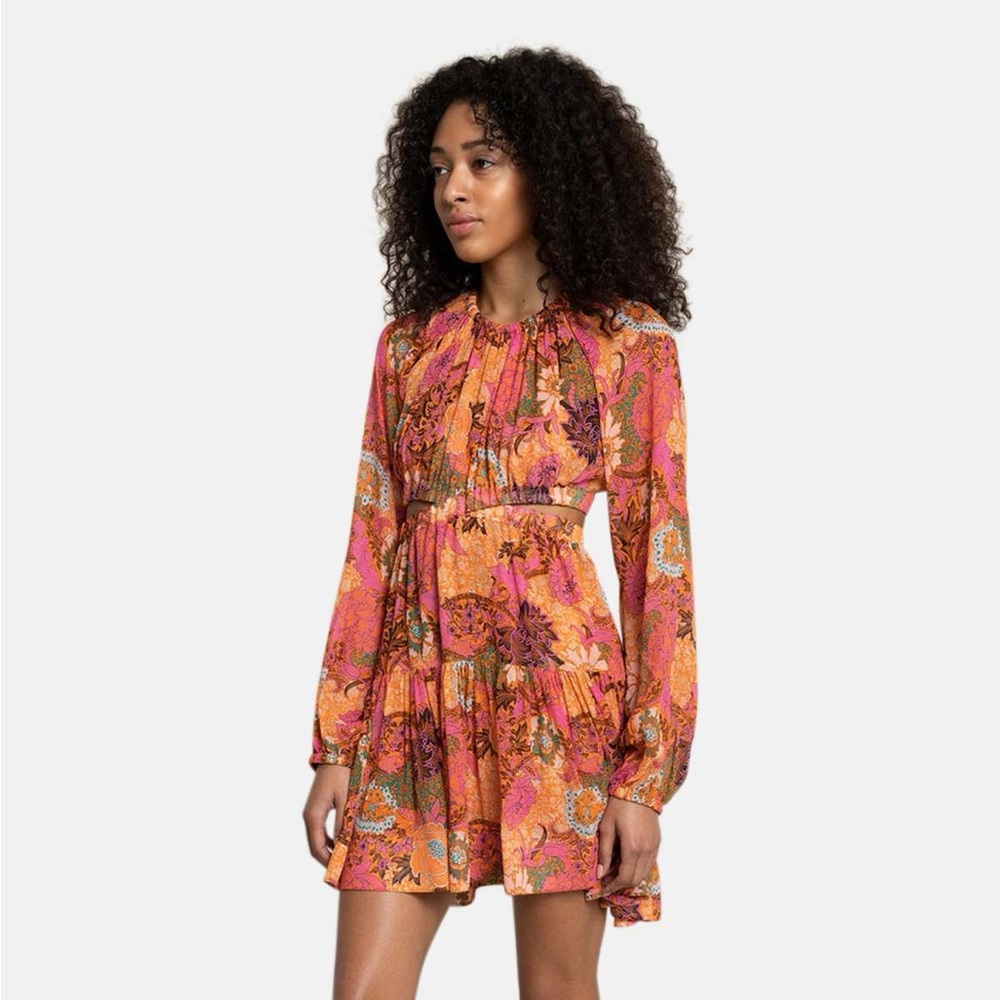 ALC Izzy pink orange floral long sleeve cutout tiered silk dress